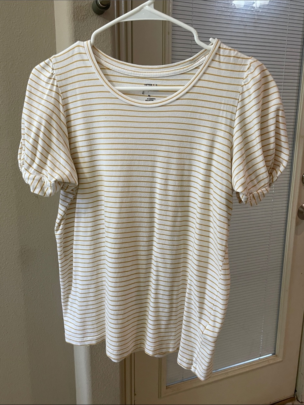 Banana Republic White Tee with Yellow Stripes and Puff Sleeves
